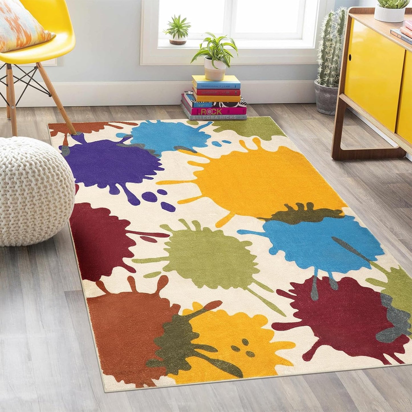 STARUIA Art Bedroom Rug, 4'x6' Machine Washable Kids Rug for Playroom, Paint Splash Rainbow Area Rugs for Classroom, Soft Colorful Living Room Rugs Throw Play Mat for Nursery Office Preschool