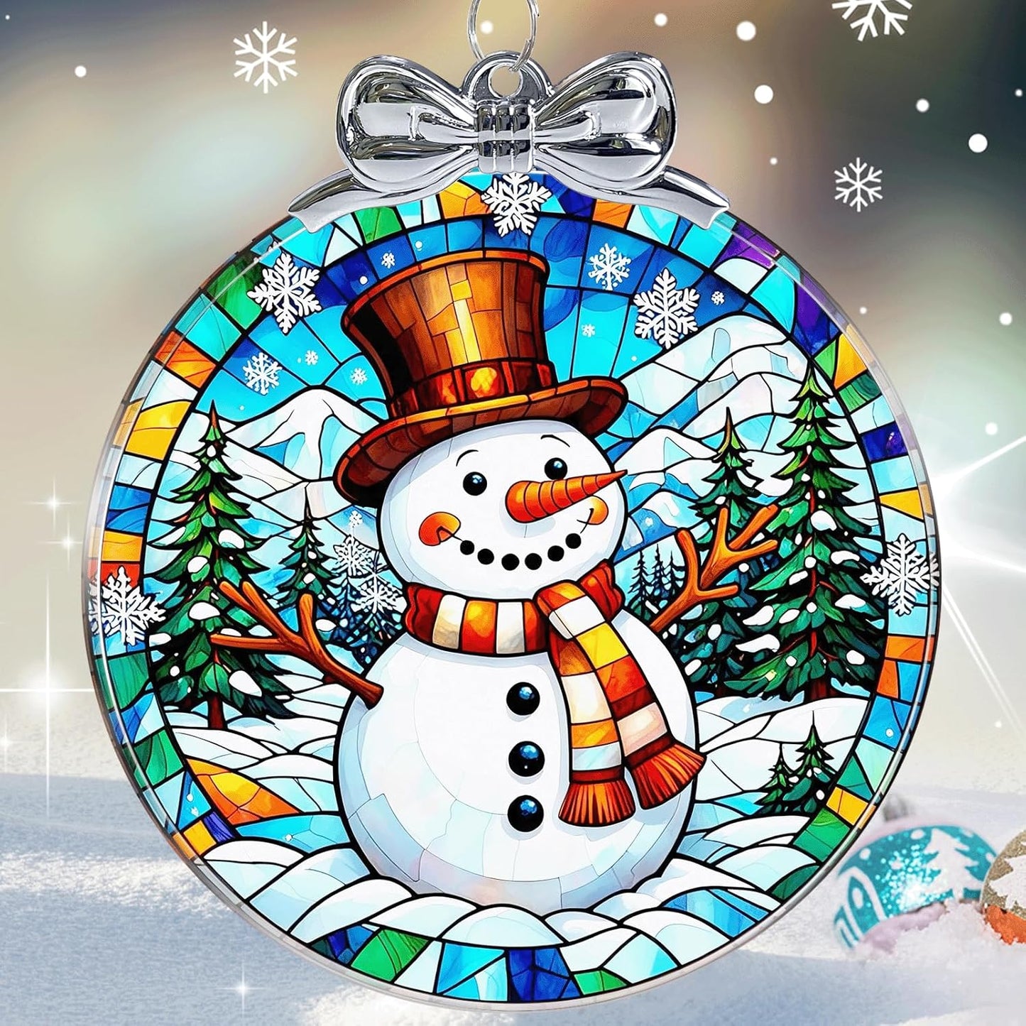 Snowman Stained Glass Christmas Ornament - Hanging Ornaments for Christmas Tree Decorations -Holiday Keepsake Present Exchange Idea
