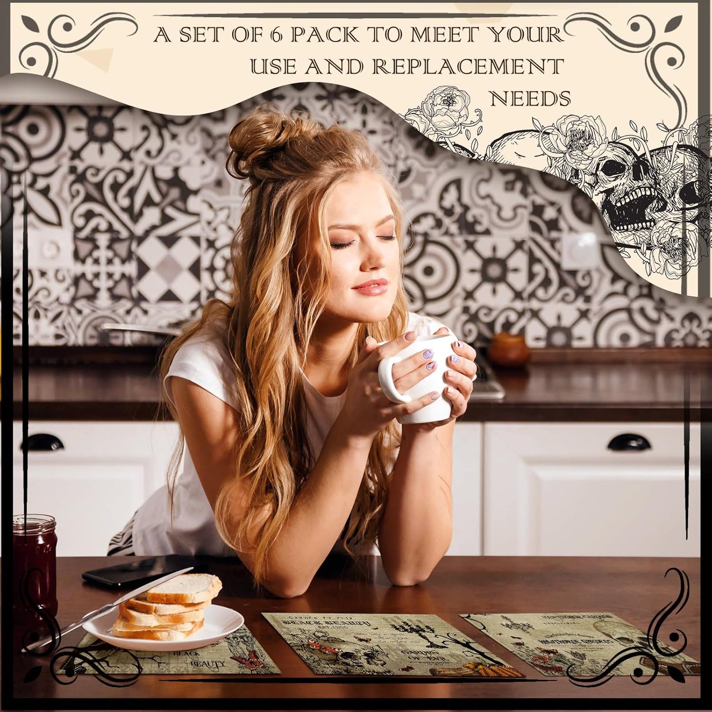 Umigy 6 Pcs Halloween Placemats 12"x18" Gothic Bat Placemats Kitchen Decoration Washable Witch Place Mats Rectangle Skull Table Mats for Halloween Dining Table Accessories(Poster Style)