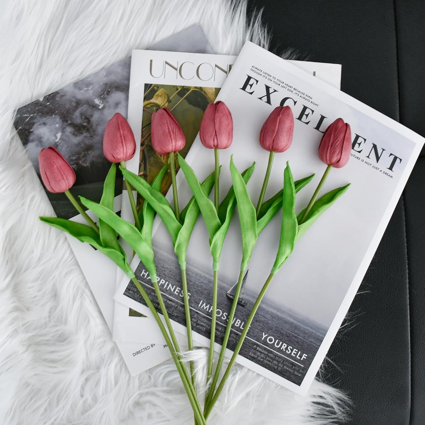 Mandy's Artificial Tulips 20 Stems Mauve PU Faux Flowers for Wedding Home Decor 13.5 Inch