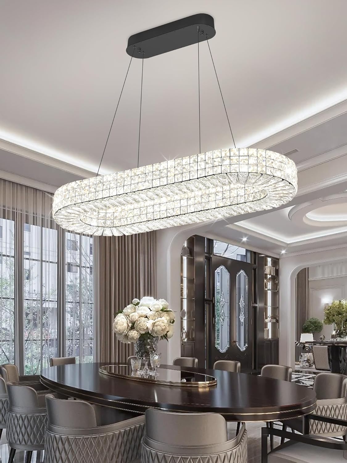 Modern Crystal Chandelier, Dia 40" Rectangular Chandelier for Dining Room,Black Rectangle Crystal Ceiling Light Luxury Oval Chandeliers for Living Room Kitchen Island