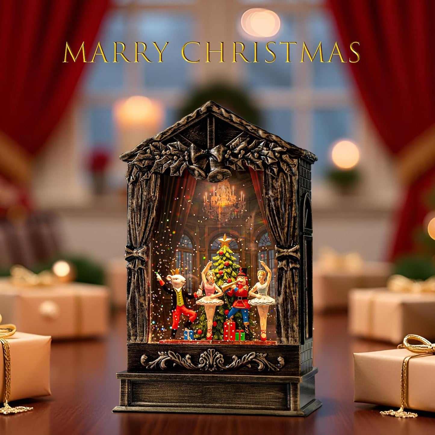 Christmas Snow Globe Lantern Water Glittering Nutcracker Ballet Theatre with Music & Timer, USB Lined/Battery Operated Lighted Lantern for Christmas Festival Decoration Gifts