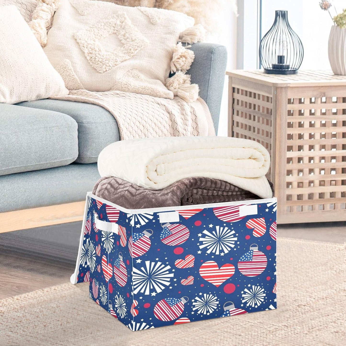 susiyo Happy New Year American fabric storage baskets with lids,Collapsible Storage Boxes,Foldable storage boxes with handles for Home,Office,Closet Organization