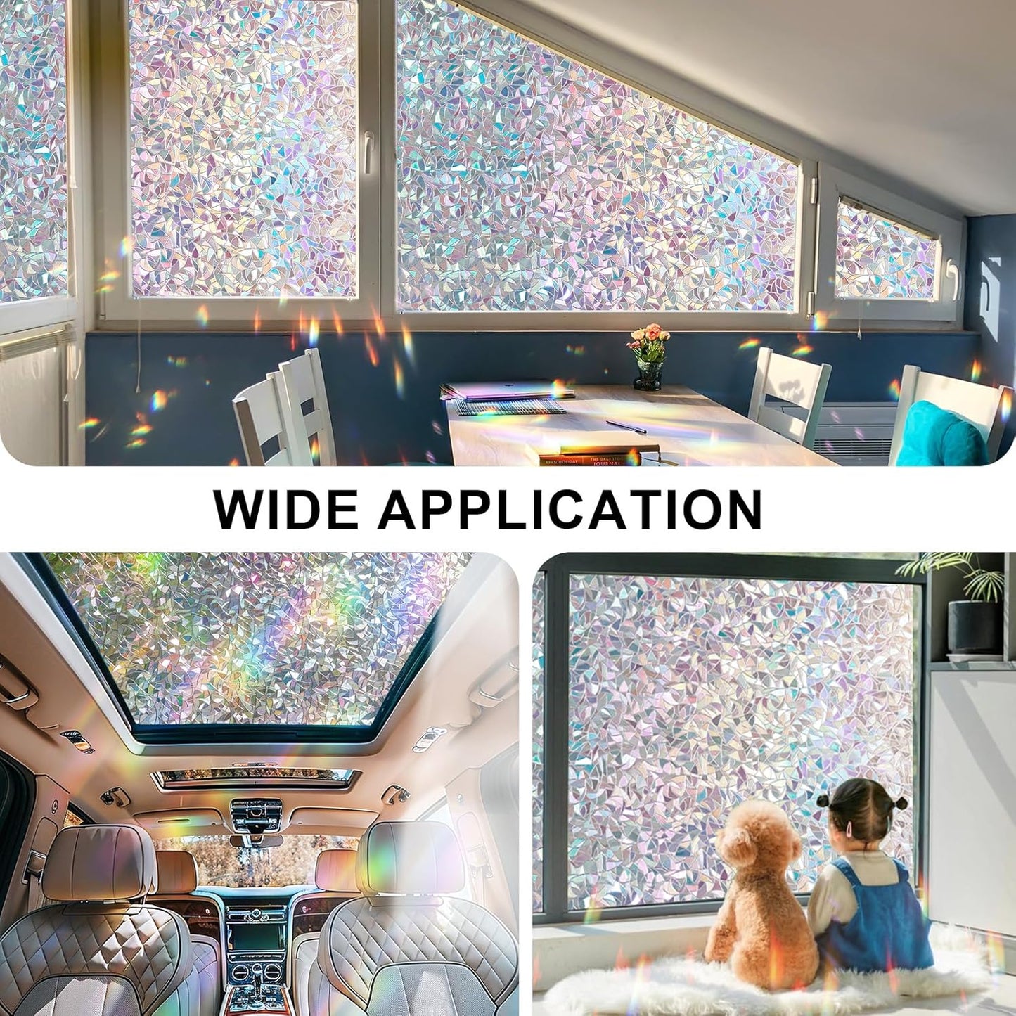 Rainbow Window Privacy Film 3D Decorative Stained Glass Window Film Anti UV Non-Adhesive Reusable 23.6" x 78.7" for Home Room Car Glass Cling