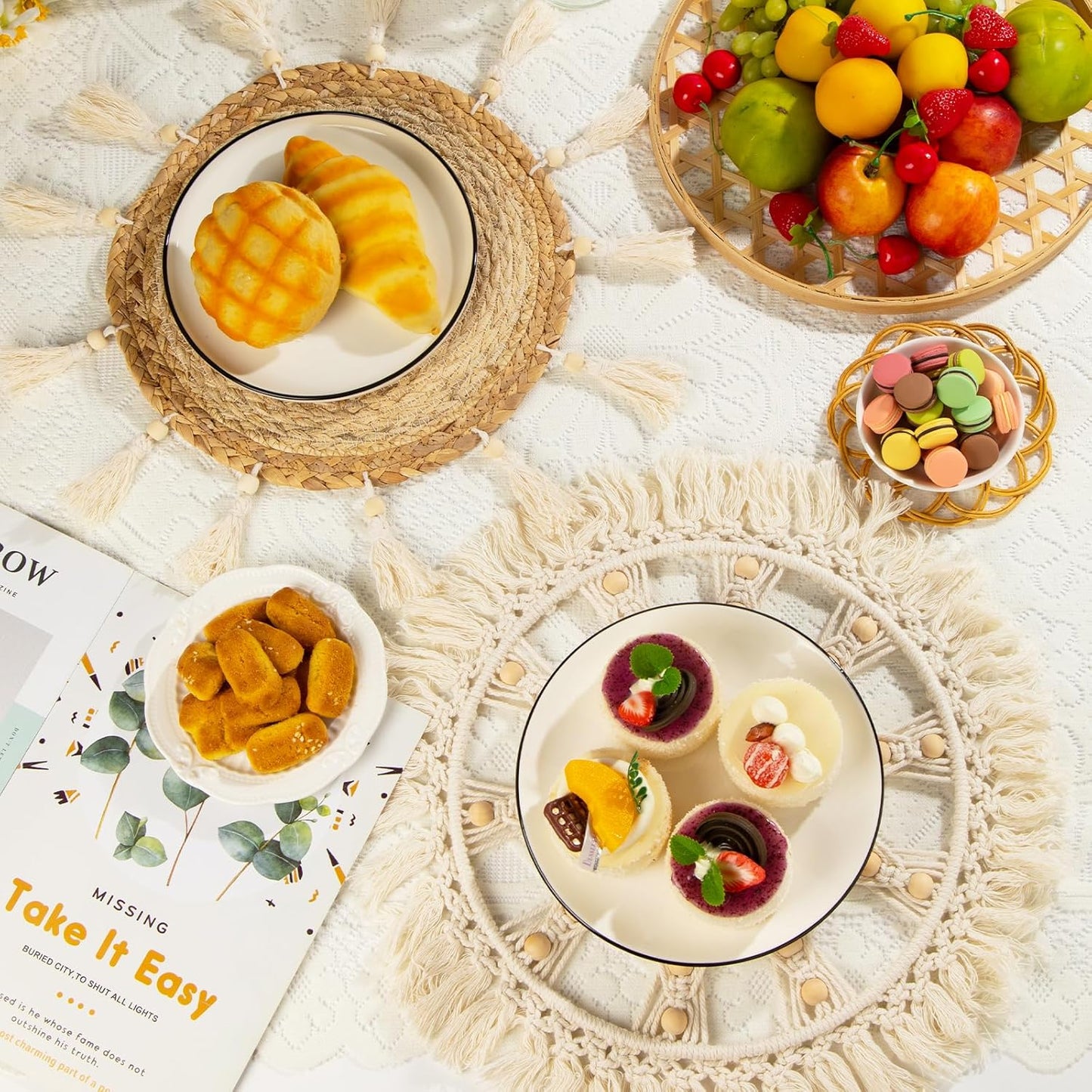 Boho Wall Basket Decor Set of 4 - Flat Woven Basket Wall Hanging Decor,Round Tassels White Macrame Tapestry Wall Decor Art,Handmade Rattan Wicker Seagrass Home Wall Baskets Decor(Wooden Beads Style)