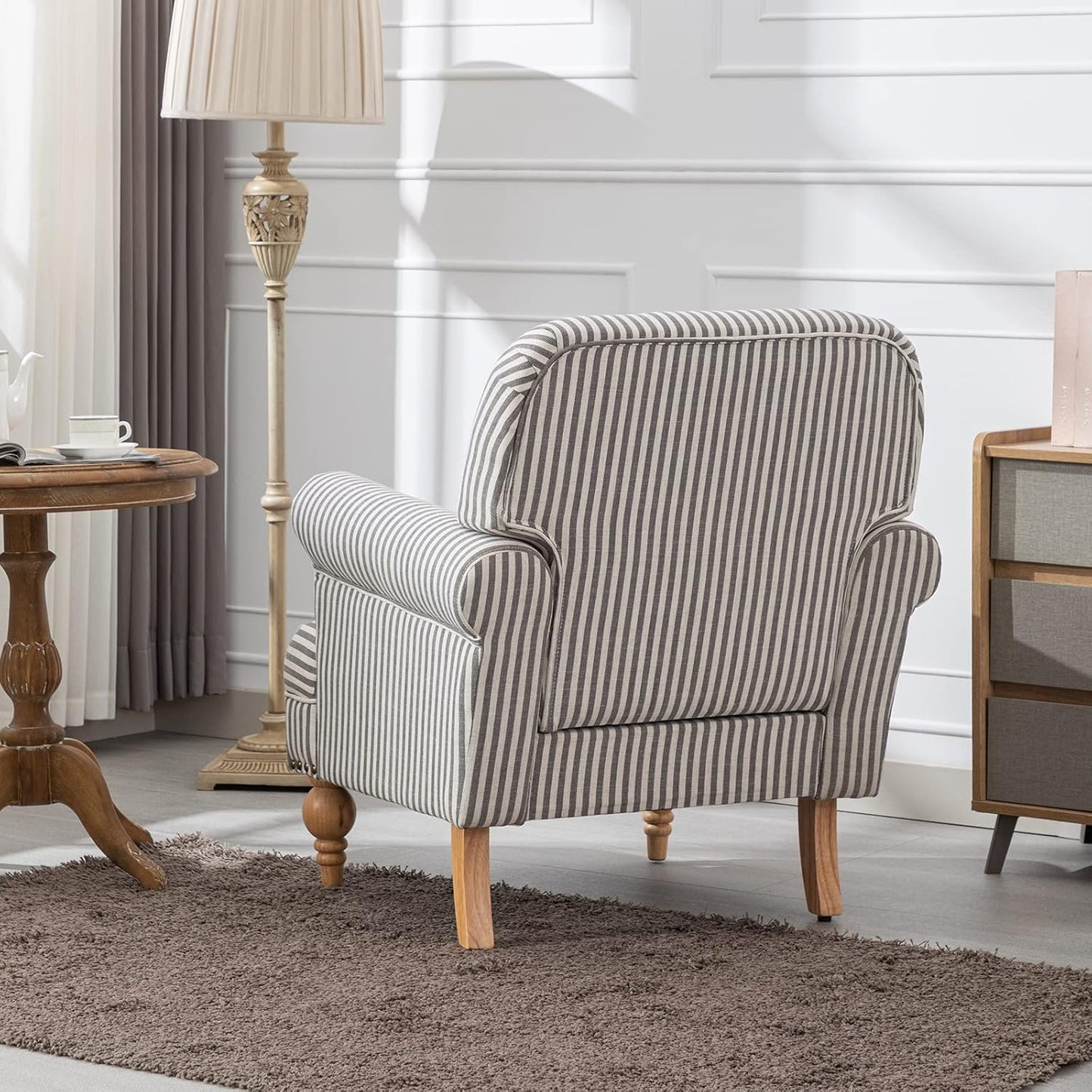 chairus Linen Accent Chair for Living Room Set of 2 Upholstered Mid Century Modern Single Sofa Chair with Solid Wood Legs Comfy Reading Armchair for Bedroom/Office Room/Recption/Lounge, Black Stripe