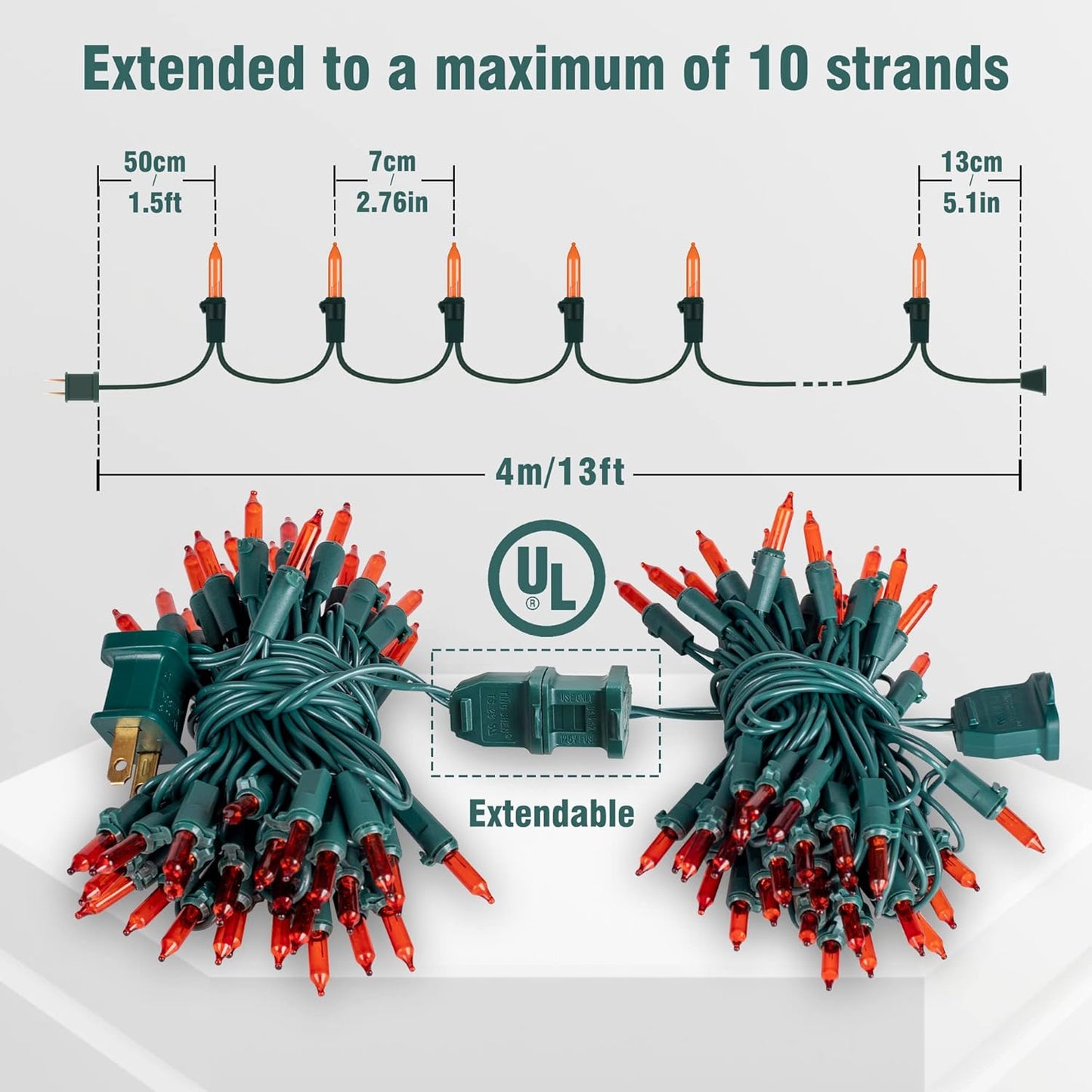 Hopolon Mini Orange Halloween Lights, 2PACk 50 Incandescent Christmas String Lights, 13FT 120V UL Certified Xmas Tree Lights for Christmas, Patio, Holiday, Party, Home, Indoor Outdoor Decor, Orange
