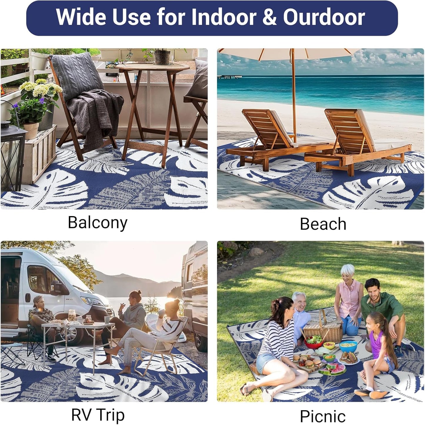 GAOMON Patio Rugs Outdoor 8x10 Waterproof Reversible Plastic Straw Rug Modern Patio Carpet, Foldable Lightweight RV Camping Mat with Portable Bag & 4 Stakes, UV Resistant & Sturdy for Picnic, Blue