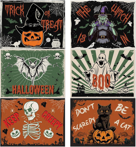 Halloween Placemats Set of 6 Vintage Plastic Table Mats Black Cat Place Mats Washable Ghost Witch Bat Rectangle Skull Table Decoration for Indoor Outdoor Party Kitchen Dining