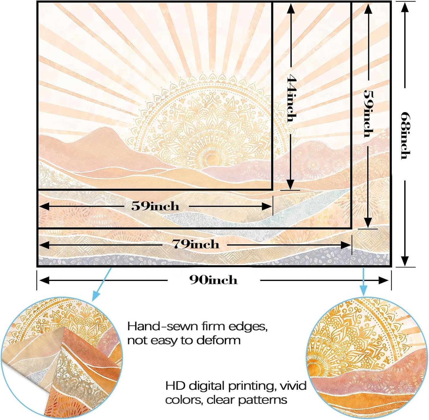 Lunerfex Bohemian Mandala Sunrise Wall Tapestry, Abstract Mountain Scenery Tapestries for Home Decor, Boho Tapestry 90x70 Inch