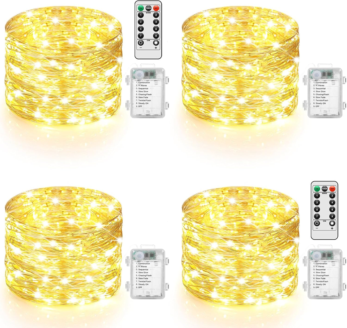 4 Pack 100 LED Fairy Lights Battery Operated with Timer & Remote, 33FT Waterproof Twinkle Lights Indoor Outdoor, Fairy String lights for Bedroom Classroom DIY Wedding Christmas Decorations, Warm White