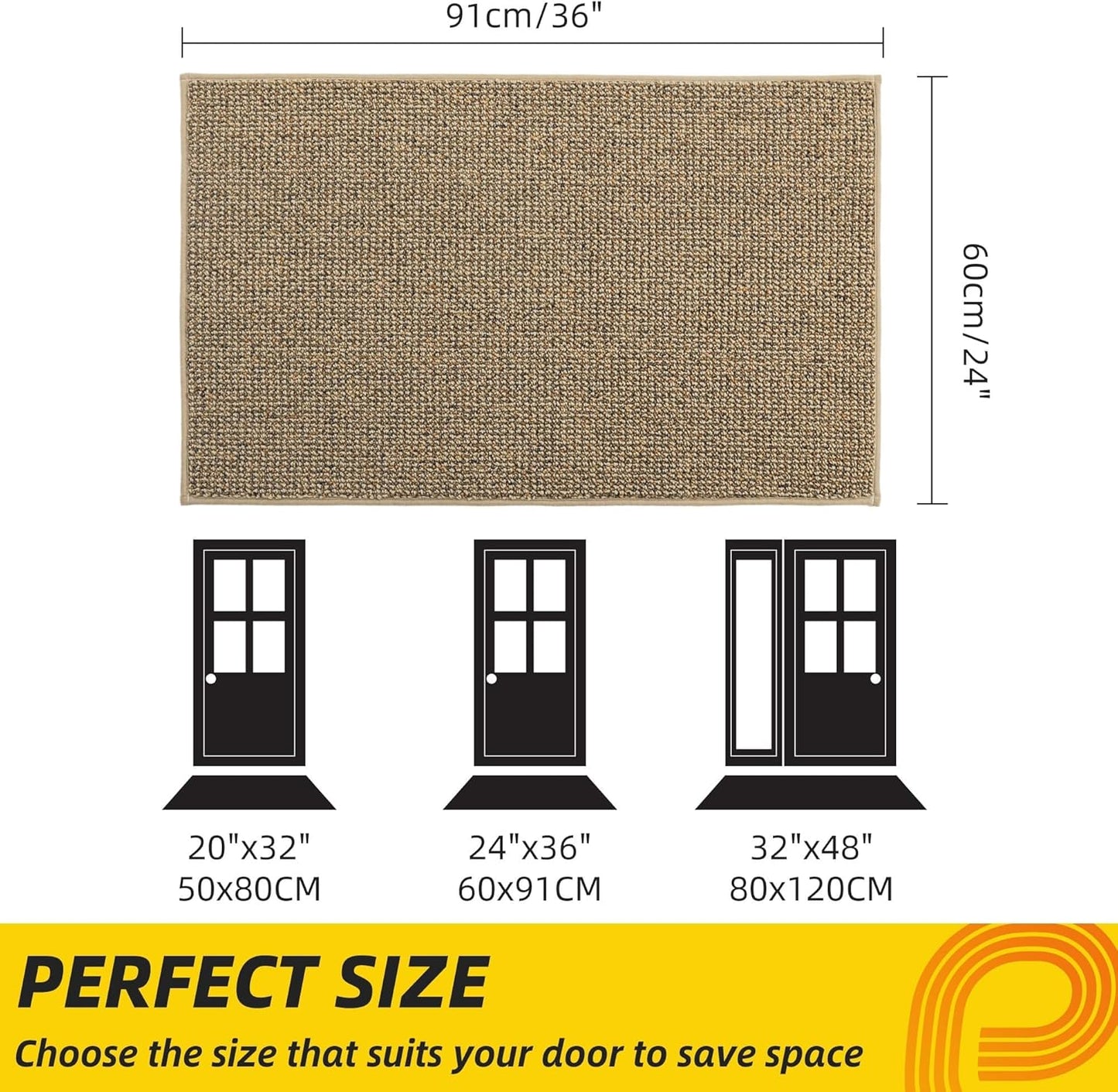 JSEI Dirt Trapper Door Mat 24"x36" Non-Slip Washable Entrance Mat, Dog Doormats, Absorbent & Fade-Resistant Floor Mats, Low Profile Welcome Mats for Entryway, Front Door, and Inside Entrance, Beige