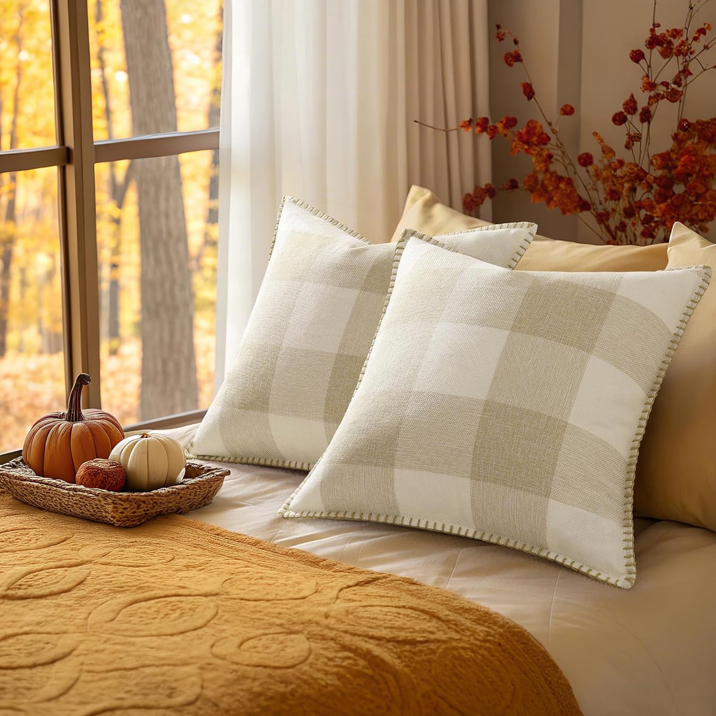 decorUhome Buffalo Plaid Check Fall Throw Pillow Covers 24x24 Set of 2, Outdoor Decorative Farmhouse Pillow Covers with Stitched Edge for Bed Couch Sofa, Cream White and Beige