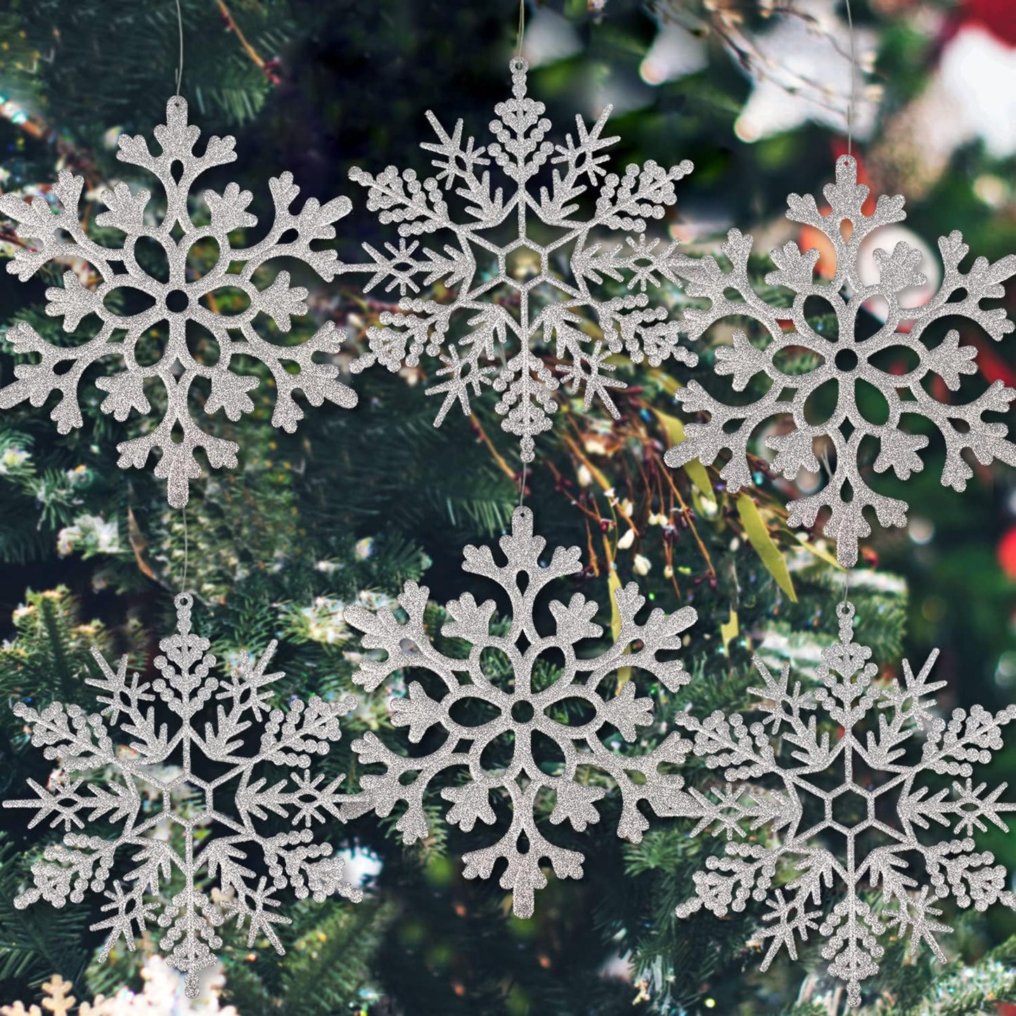 6pcs Large Silver Snowflakes Ornaments 12” Big Plastic Glitter Snowflake for Winter Indoor Outdoor Christmas Tree Window Room Decorations Giant Craft Snowflakes