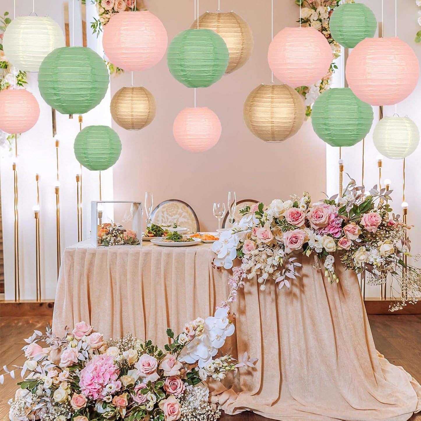ADLKGG Paper Lanterns Party Decorative, Round Hanging Paper Lanterns Wedding Decorations for Sage Green Bridal Shower Birthday Rustic Party Neutral Baby Shower Home Decor Sage Green/Pink/Brown 21pcs