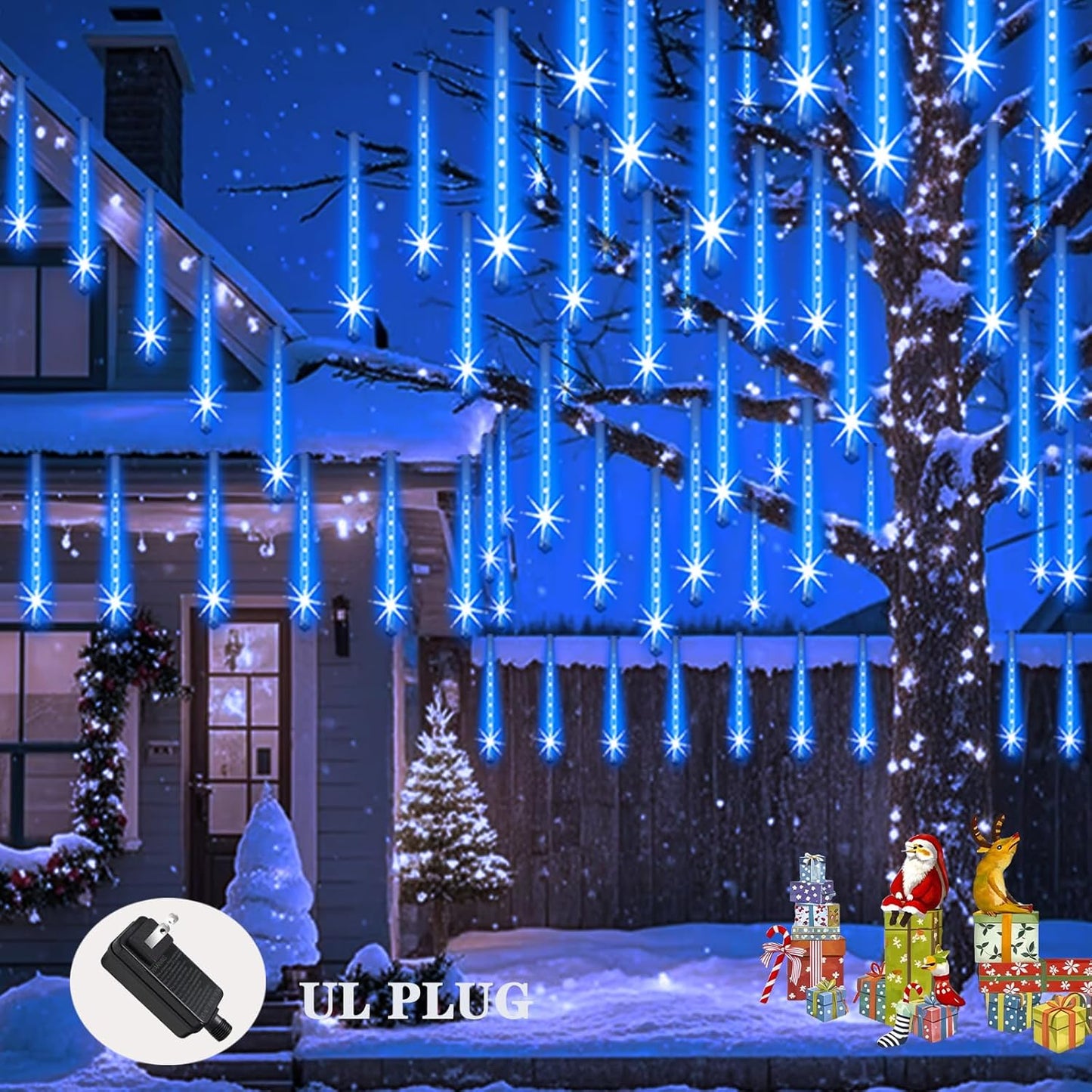 Christmas Lights Outdoor Meteor Shower Lights 24-Tube 576LEDs Snow Falling Rain Cascading Icicle Light for Xmas Tree Christmas Decorations Wedding Party Holiday Garden Decor, UL Plug Blue