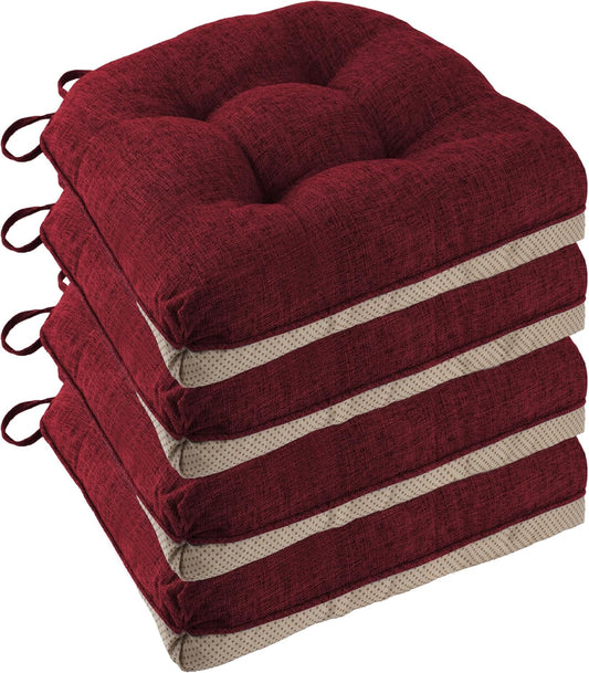 Non Slip Chair Cushions for Dining Chairs Set of 4 Kitchen Chair Cushions 18"x18"x3" Turfted Chair Pads Comfortable and Soft Seat Cushion with Ties, Burgundy