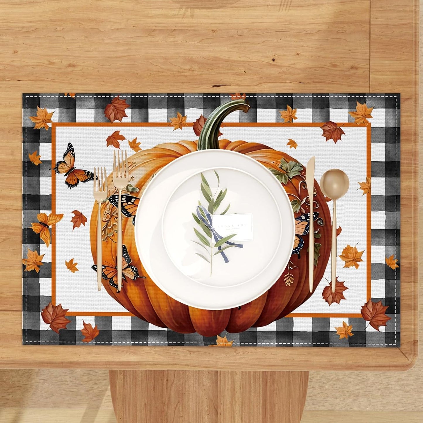 Linen Fall Placemats Set of 4 Fall Table Mats Farmhouse Pumpkin Butterfly Decor for Home Autumn Thanksgiving Home Kitchen Dining Room Table Decorations
