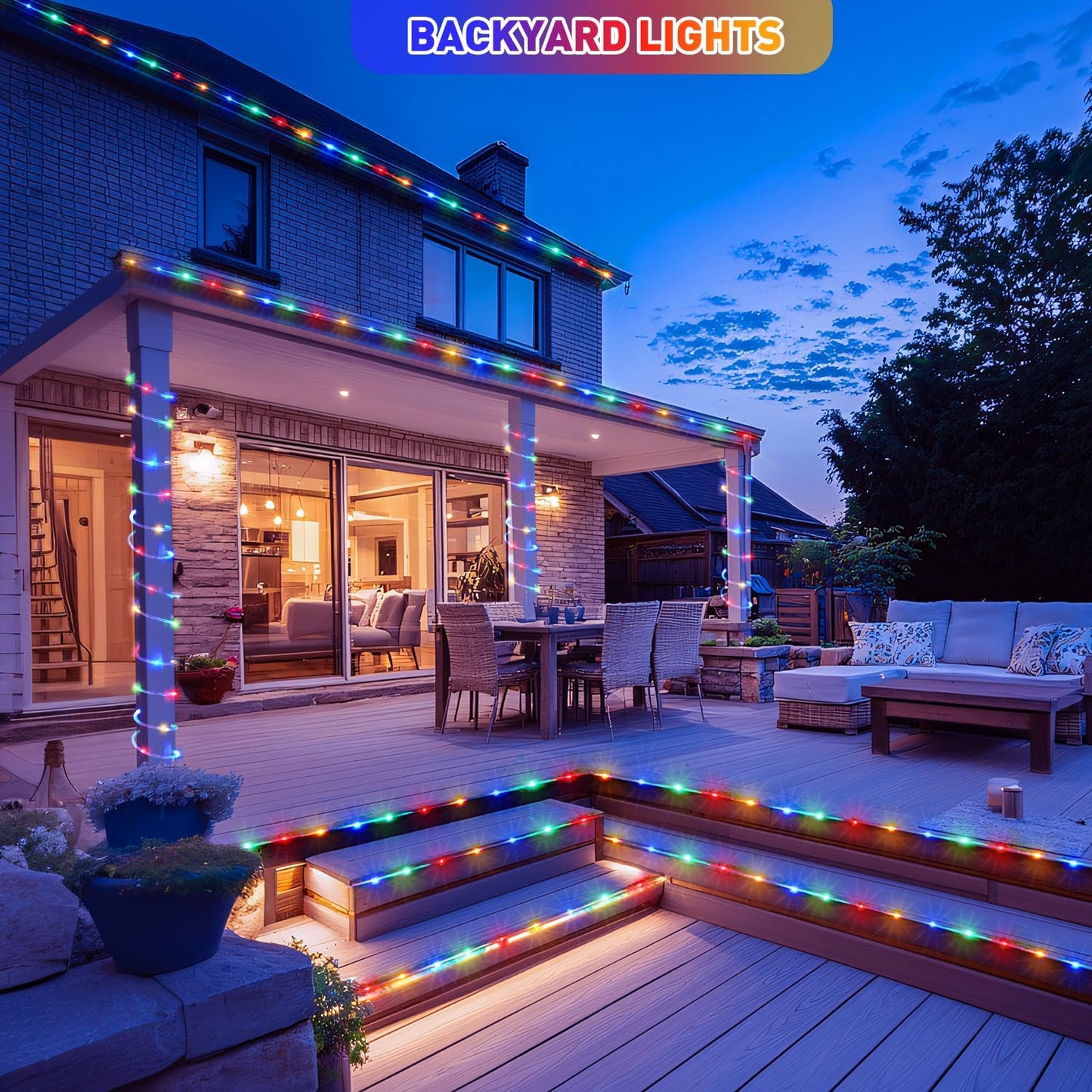 JMEXSUSS 2 Pack 100 LED Solar Rope Lights, IP 65 Solar Rope Lights Outdoor Waterproof, 33ft 8 Modes PVC Tube Trampoline Light for Fence Walkway Path (Multicolor)