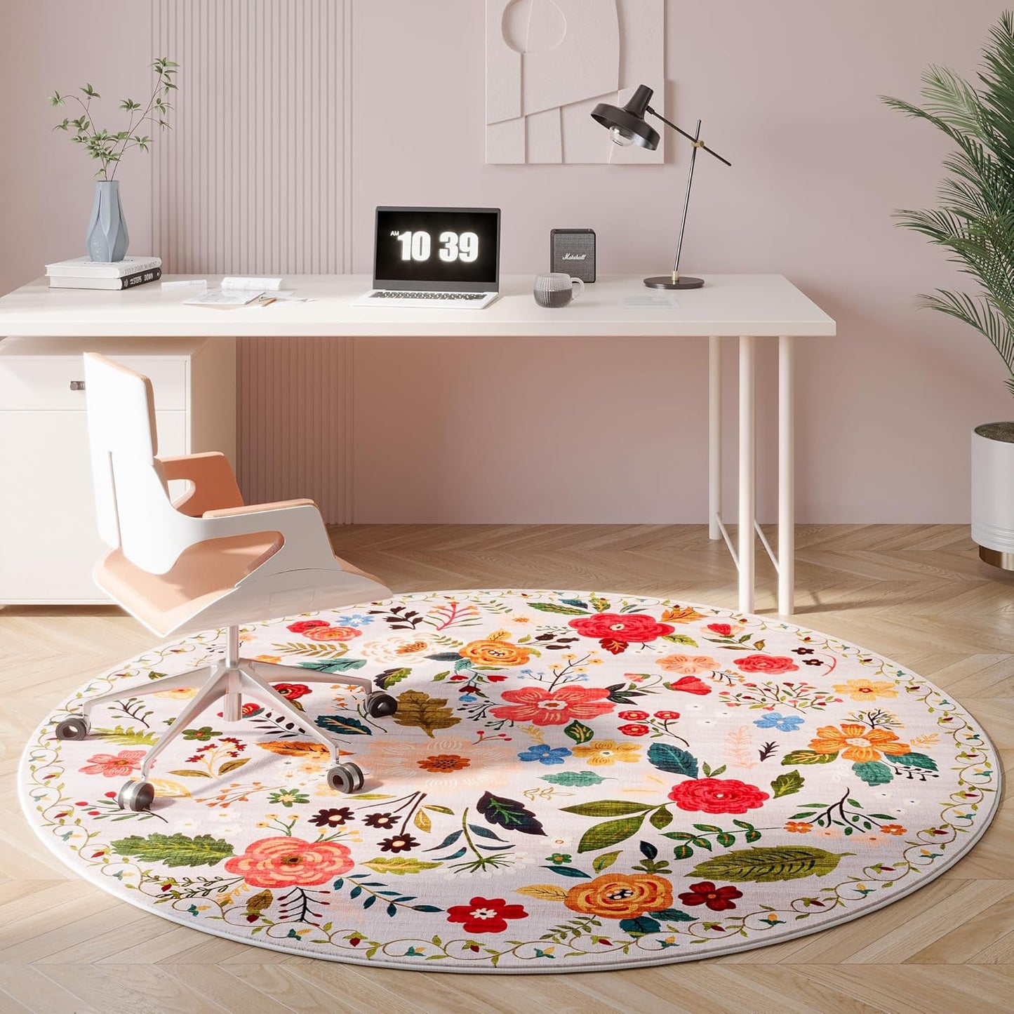 Round Rug 6ft Washable Circle Rug Non Slip Low Pile Boho Floral Small Circular Rug for Bedroom, Bathroom, Entryway, Kids Room, Office, College Dorm(Beige)