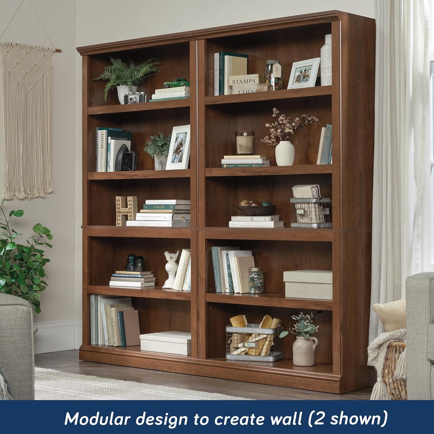 Sauder Miscellaneous Storage 5 Split Bookcase/Book Shelf, L: 35.28" x W: 13.23" x H: 69.76", Oiled Oak finish