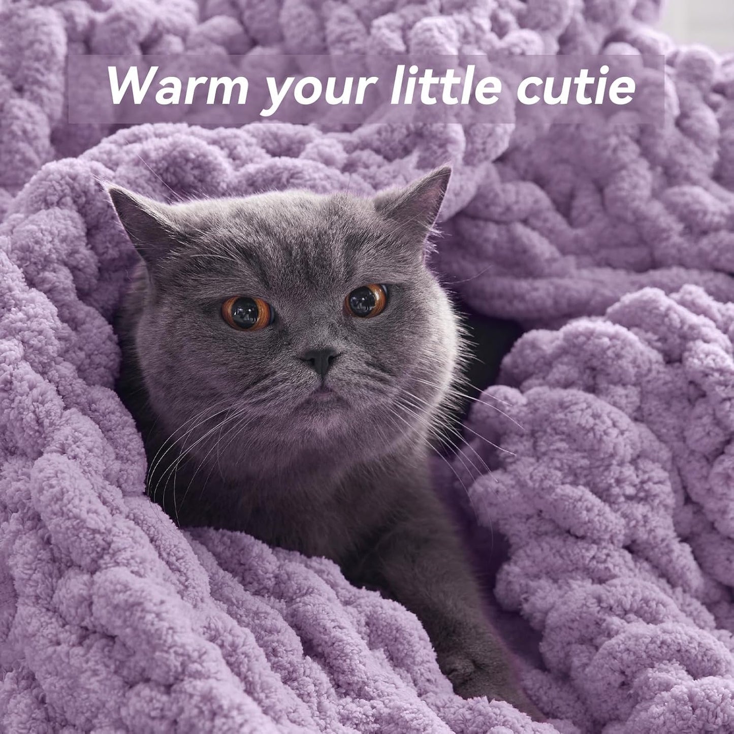 Chunky Knit Throw Blanket, 40''*50'' Knitted Throw Chenille Yarn for Bed Couch, Handmade Light Purple Crochet Big Thick Blanket, Machine Washable Cute Comfy Blanket for Home Decor