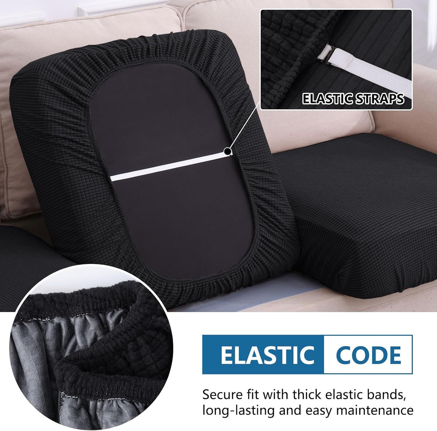 hyha Waterproof Couch Cushion Covers for Pets, Non Slip Sofa Seat Cover for Dogs Washable, Soft Thick Stretch Jacquard Fabric, Sofa Slipcovers with Elastic Bottom (1 Piece for Large, Black)