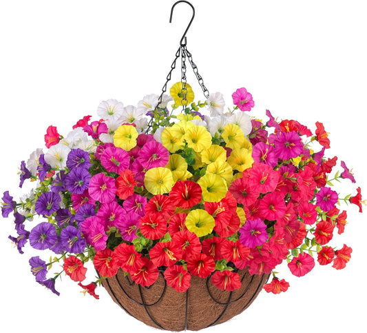 Artificial Faux Hanging Flowers Plants Basket for Outdoors, Silk Morning Glory with Eucalyptus in Planter Look Real UV Resistant Fake Flowers for Porch Outside Patio Balcony Yard Indoor Summer Decor