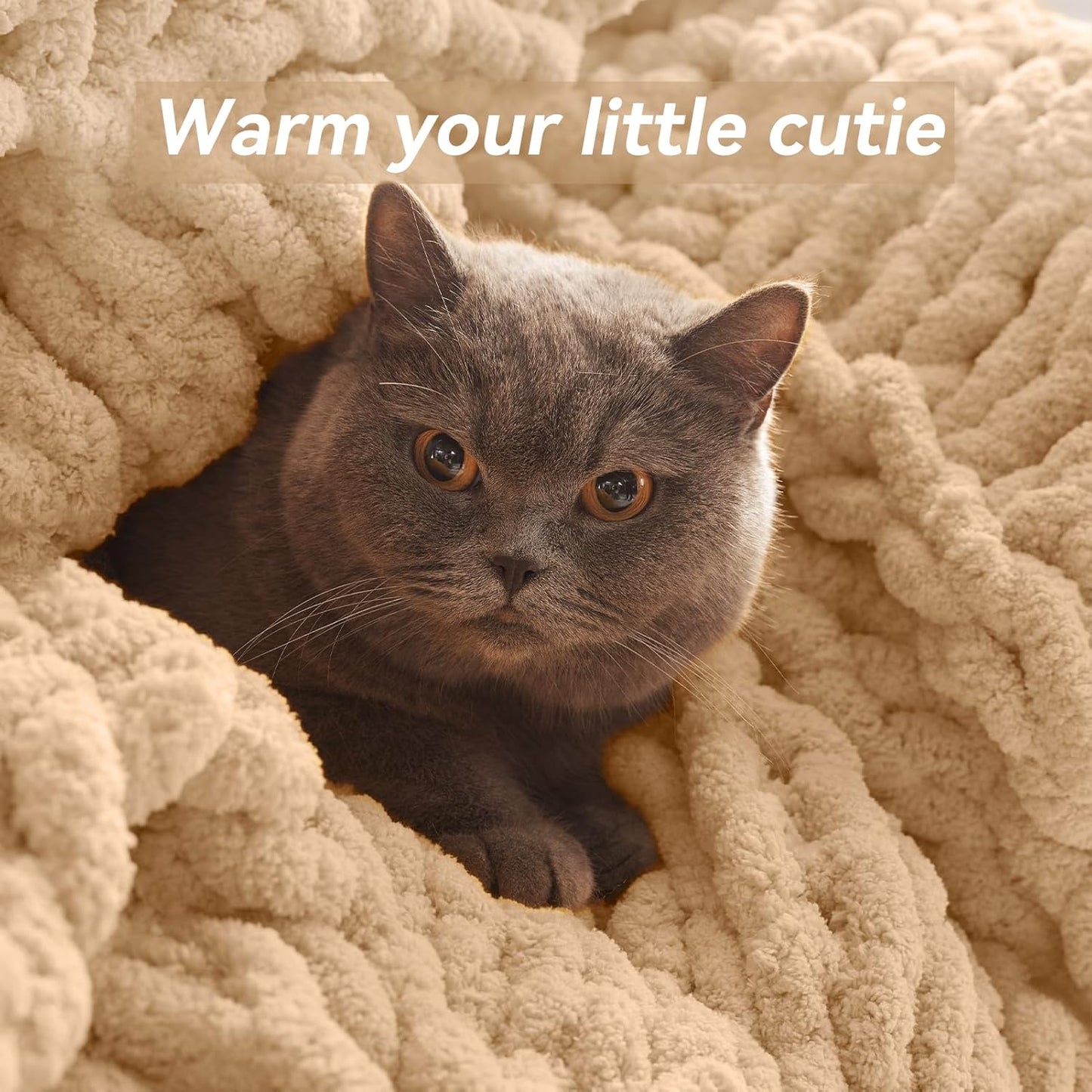 Chunky Knit Throw Blanket, 80''*90'' Knitted Throw Chenille Yarn for Bed Couch, Handmade Beige Crochet Big Thick Blanket, Machine Washable Cute Comfy Blanket for Home Decor