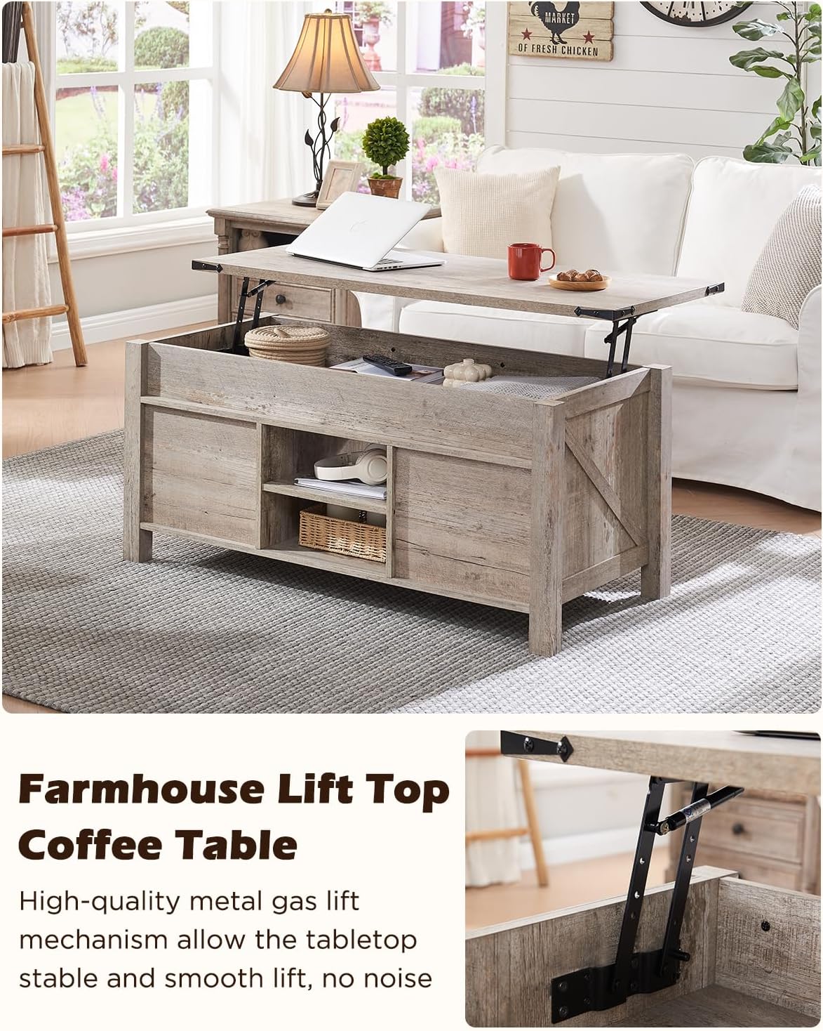 OKD 48" Farmhouse Lift Top Coffee Table with Sliding Barn Door, Rustic Center Table w/Hidden Storage Compartment, Lift Tabletop Dining Table w/Adjustable Shelf for Living Room,Light Rustic Oak