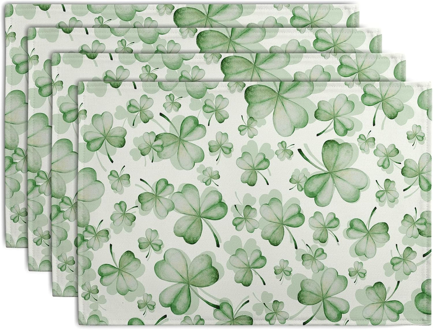 Shamrocks St. Patrick's Day Placemats Set of 4 Watercolor Lucky Clovers St Patrick's Day Table Mats Seasonal Spring Green Leaves Linen Place Mats for Party Kitchen Dining Outdoor Indoor Decor