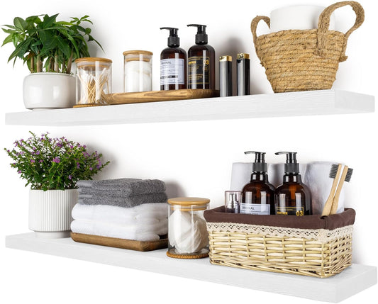 BGMG Wood Floating Shelves 36 inch Long, Wide Rustic Wooden Wall Shelves for Bathroom Living Room Bedroom Kitchen Farmhouse Set of 2-36x6.7x1.25 inch-White