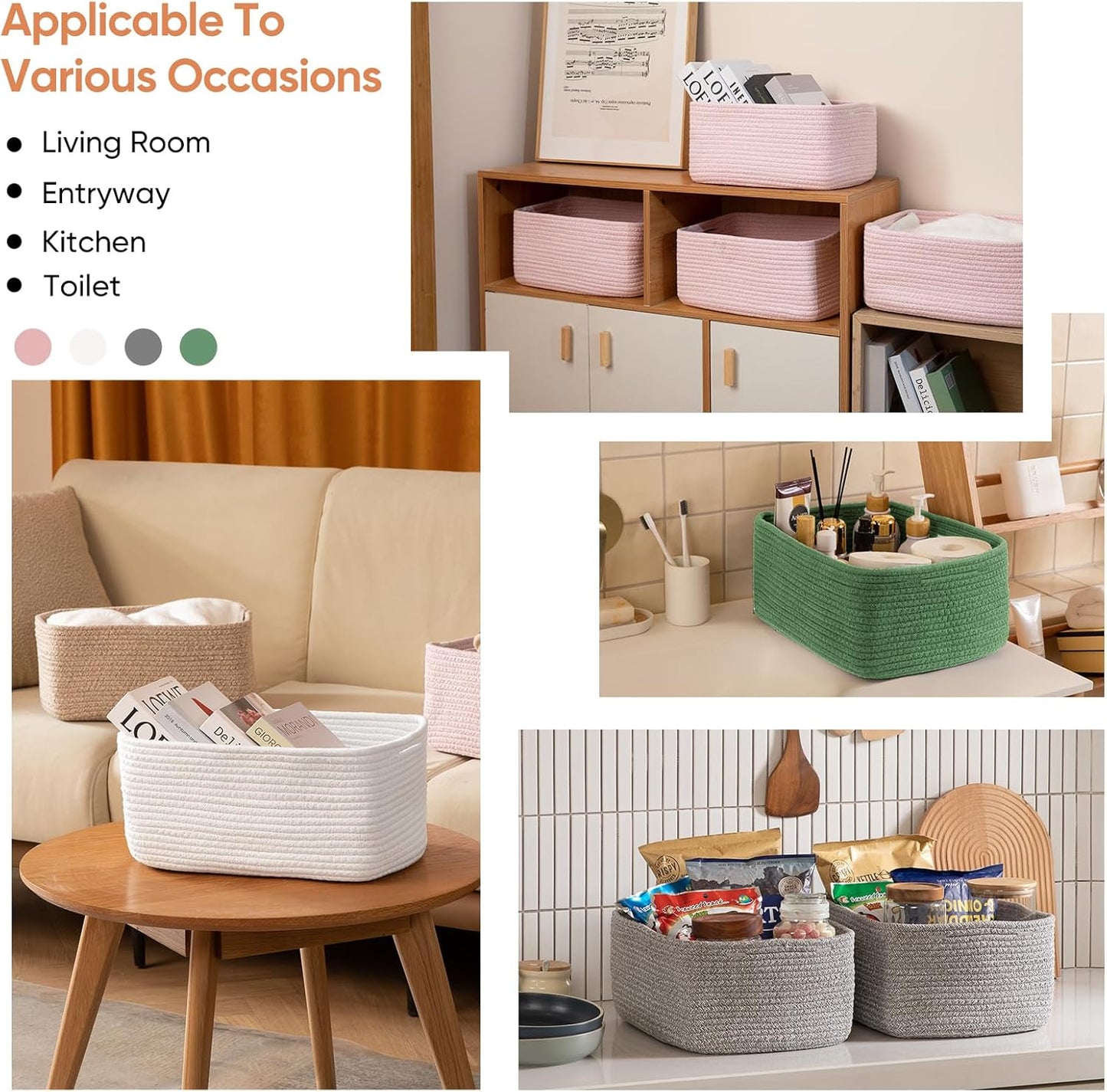 OIAHOMY 4 Pack 14.17*11.02*6.3IN Storage Baskets for Organizing Shelves, Woven Rope Baskets for Organizing Books, Clothes, Decorative Basket for Living Room, Nursery, Bedroom, Gift Basket, Pink