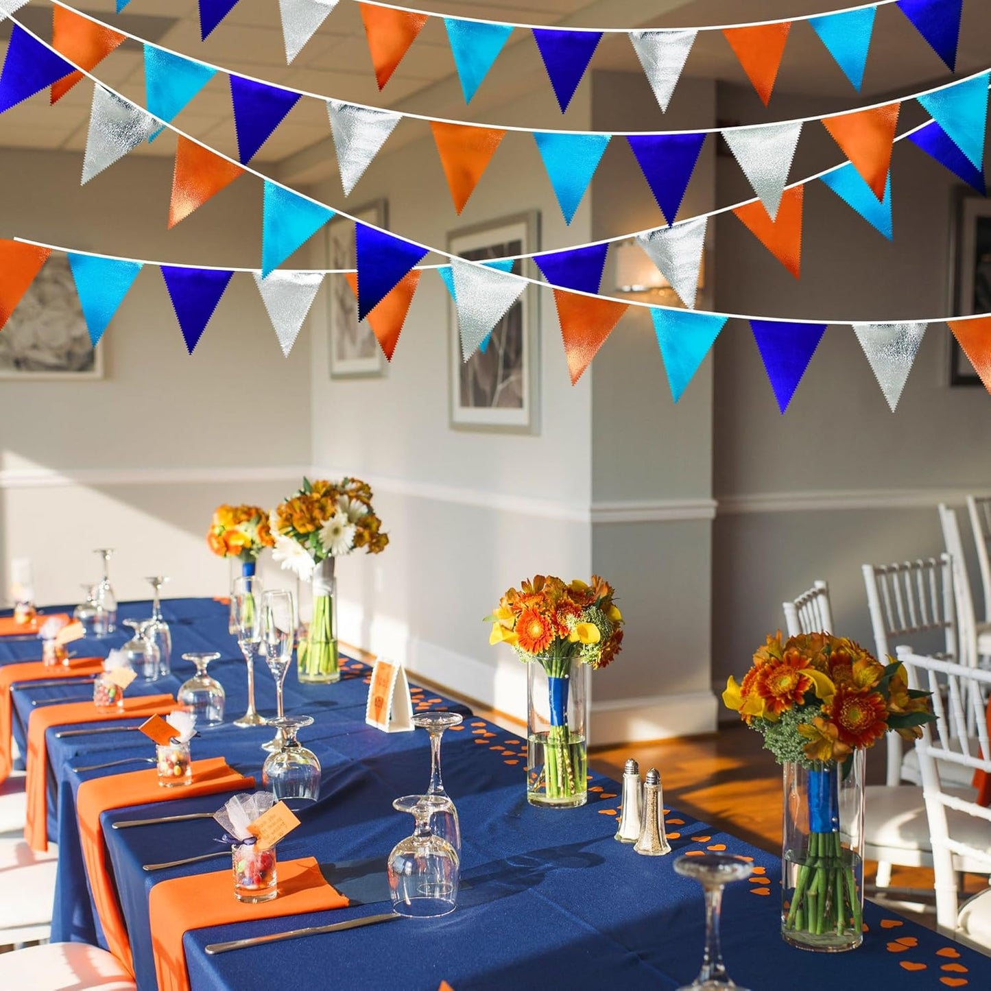Orange Blue Silver Party Decorations Metallic Fabric Triangle Pennant Banner Flag Bunting Garland for Space Theme Birthday Wedding Bridal Shower Baby Shower Engagement Graduation Party Supplies