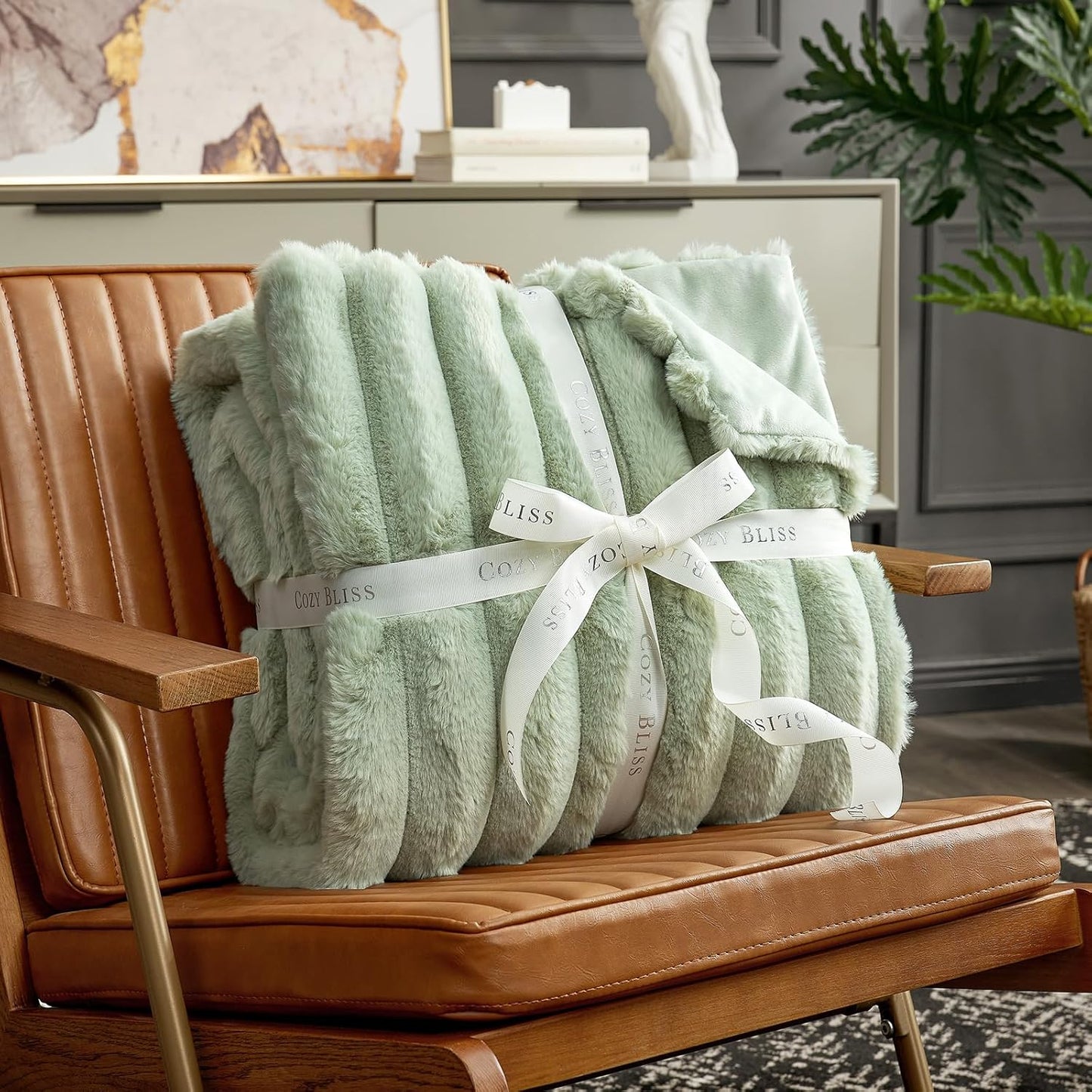 Cozy Bliss Faux Fur Throw Blanket for Couch, Cozy Warm Plush Striped Blanket for Sofa Bedroom Living Room, 60 * 80 Inches Sage Green
