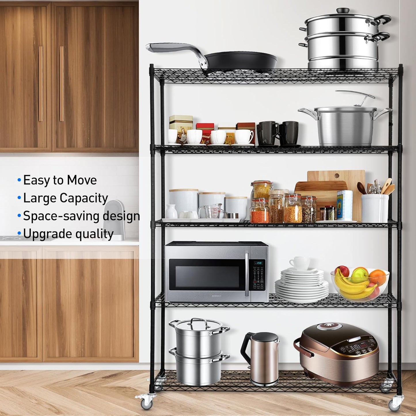 5 Tier Wire Shelf Shelving Unit, 60"x 24"x82" Metal Storage Shelves, Heavy Duty Garage Storage Shelves with Wheels, Chrome 3000LBS Capacity Wire Shelf Rack for Restaurant, Garage, Pantry, Kitchen