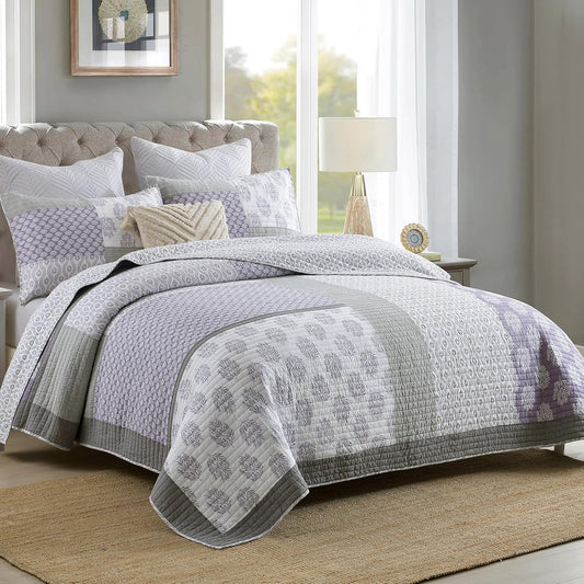 PANGUSHAN Quilt Set Queen Size, 100% Cotton Bedspread Quilt Bedding Set, Patchwork Reversible Floral Quilt for Queen Bed, Purple/Grey/White Bed Spread, Lightweight Comforter for All Season, 3 Pieces