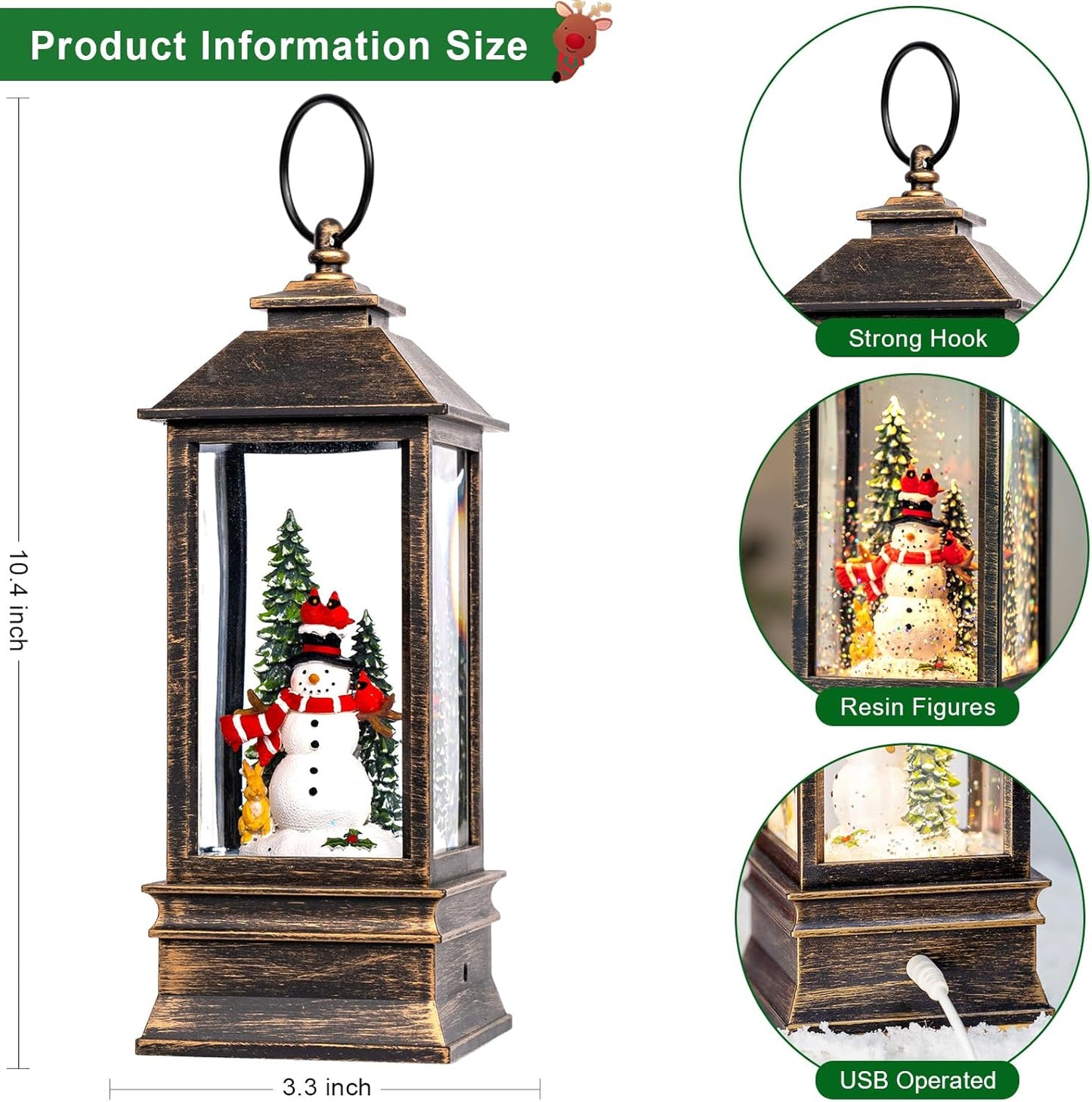 Christmas Snow Globes (11 Inch, Square-Snowman), Black Brush Gold