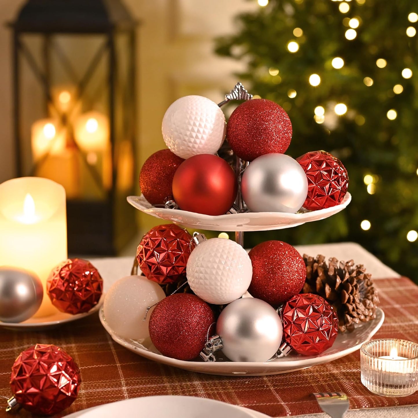 Valery Madelyn Christmas Tree Decorations Ornament Set for Fall Halloween, 50ct 2 Inches Red and White Shatterproof Christmas Ball Ornaments Hanging Xmas Holiday Party Decor