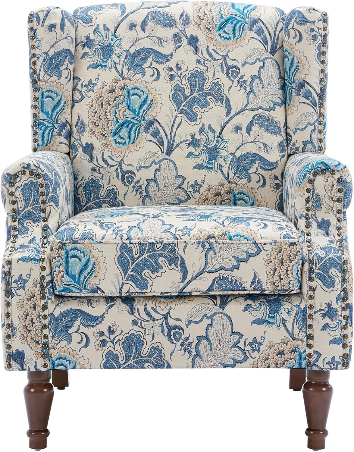 UIXE High Back Floral Accent Chair, Fabric Upholstered Armchair for Living Room, Retro Printed Wingback Arm Chair Nailhead Trim Single Sofa Bedroom Reading Seat - Boho Blue