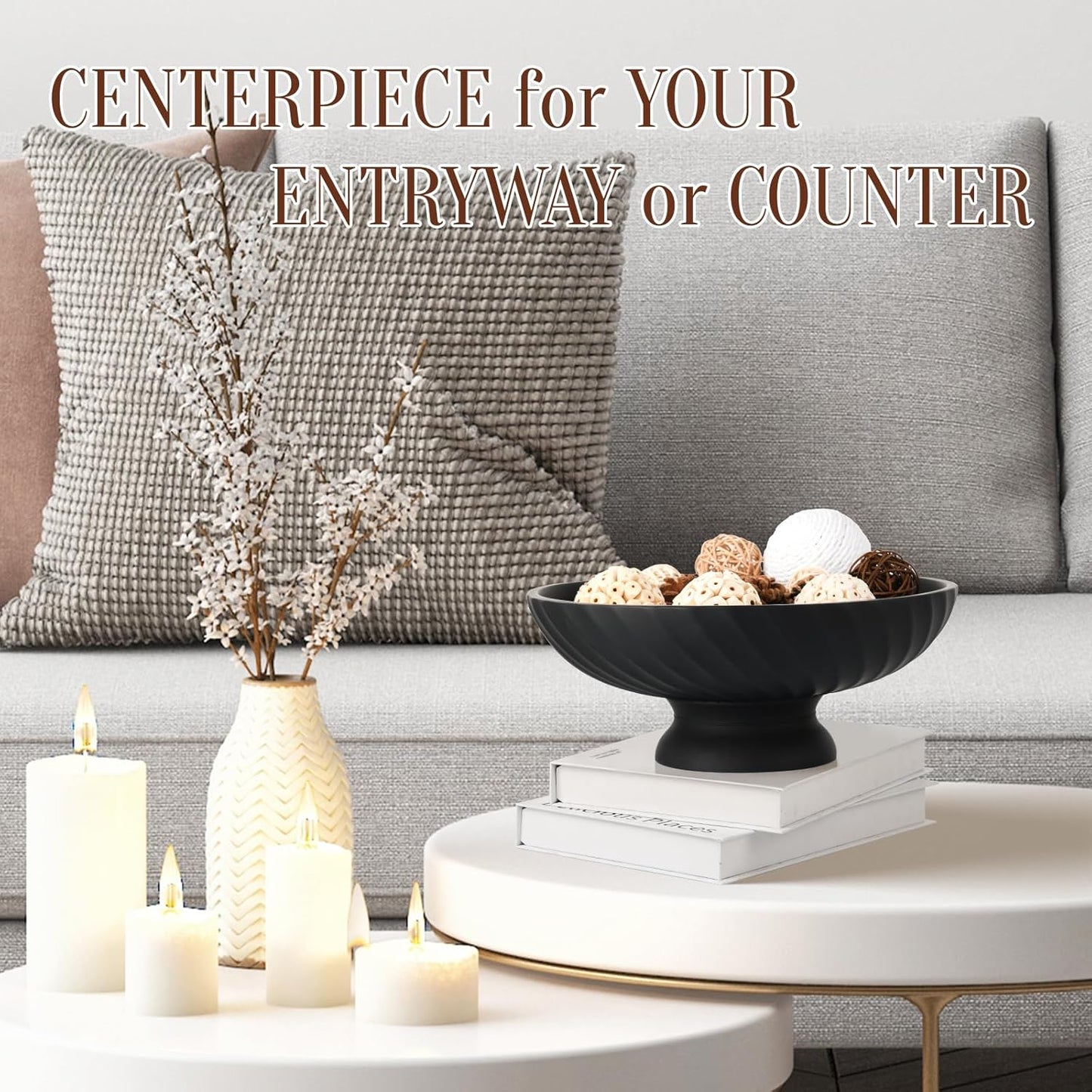 Large Resin Pedestal Decorative Bowl - Modern Fruit Bowl for Kitchen Counter - Handicraft Bowls for Home Decor - Key Bowl for Entry Table,Matte Black