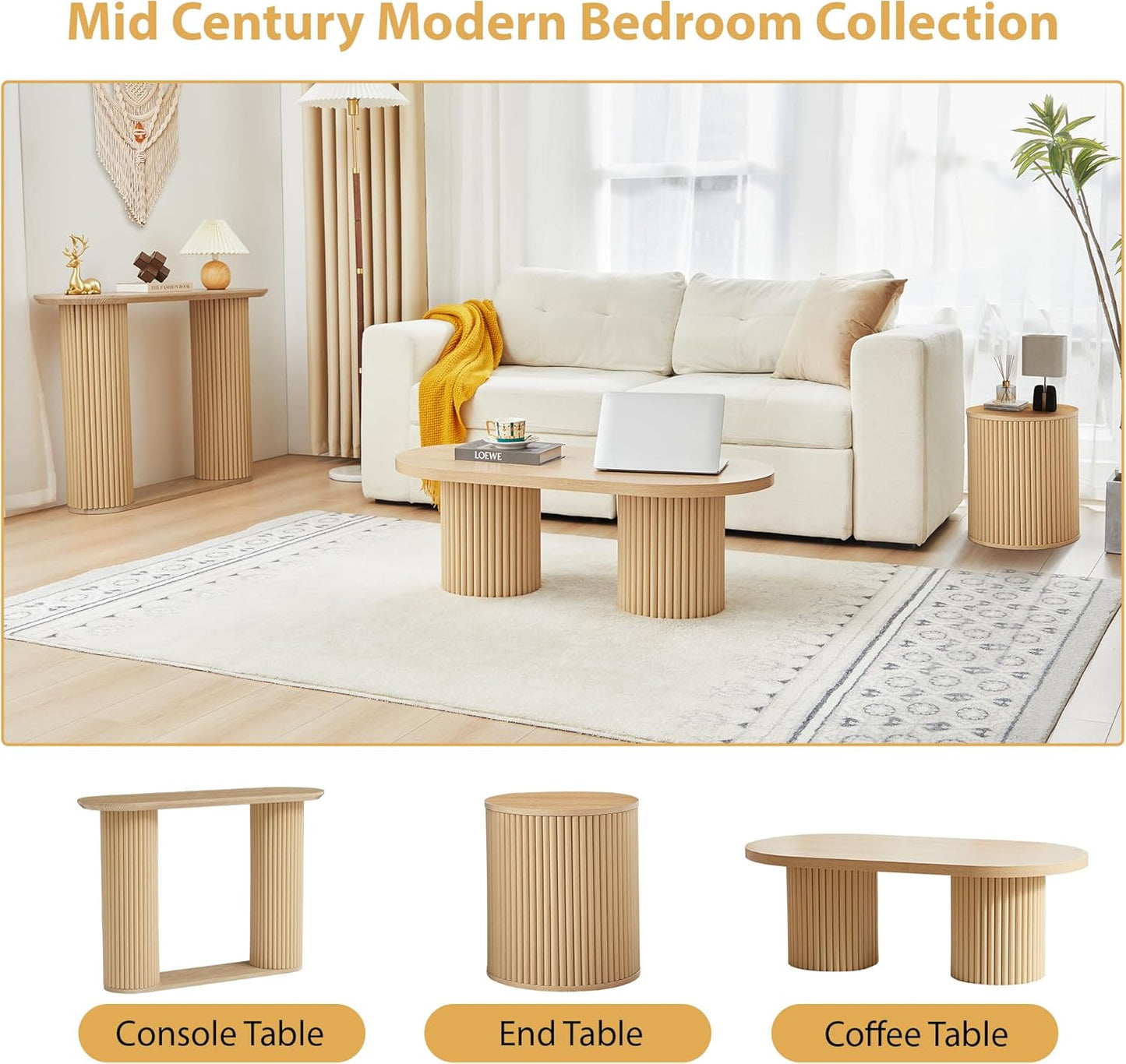 AVZEAR Small Round Side Table Fluted Night Stand Set of 2, Modern Boho End Table with Storage, Circle Bedside Tables Wood Nightstands for Small Spaces, Living Room, Bedroom (Nature)