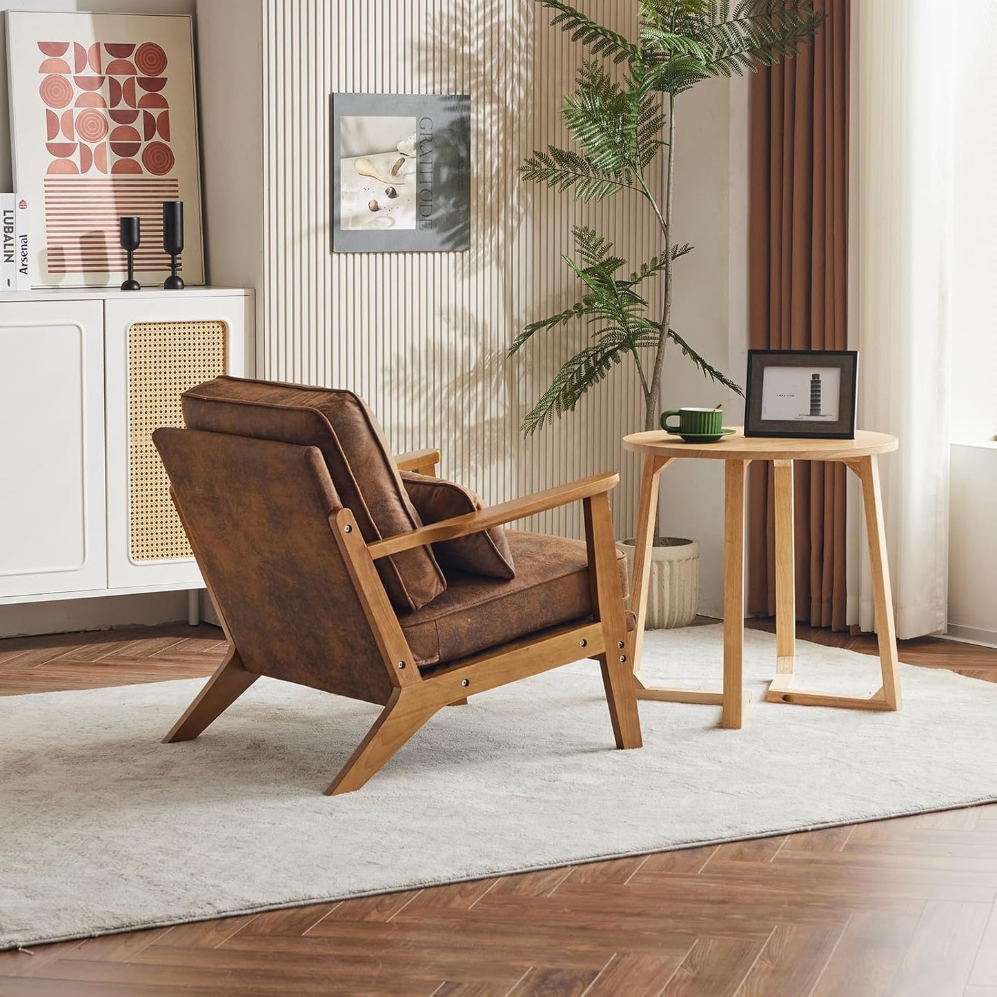 Karl home Accent Chair Wide Armrest Mid-Century Lounge Chair Bronzing Cloth Armchair with Lumbar Pillow & Solid Wood Frame for Living Room, Bedroom, Balcony, Brown