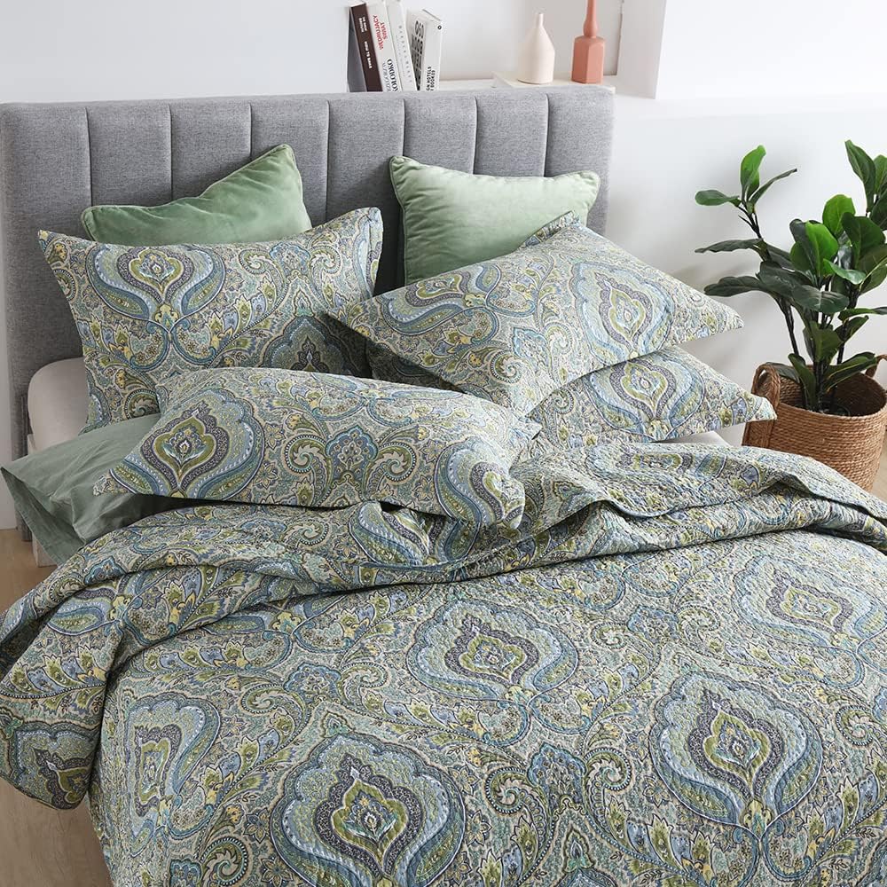 Autumn Dream Cotton Bedspread Quilt Sets, 3 Pieces Reversible Comforter Coverlet Sets,Classical Damask Paisley,Queen Size