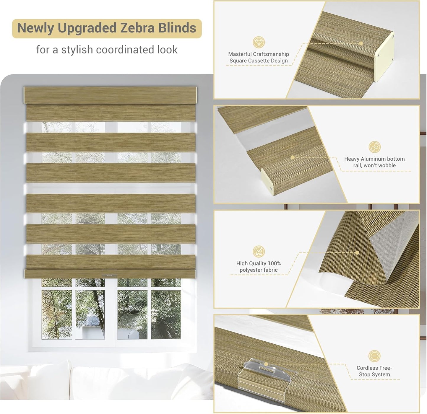 Cordless Zebra Blinds for Windows, Blackout Interior Blinds,Easy to Install,UV Protection,for Offices and Home,Custom Roller Shades, Mousse Light Bown,22" W x 36" H