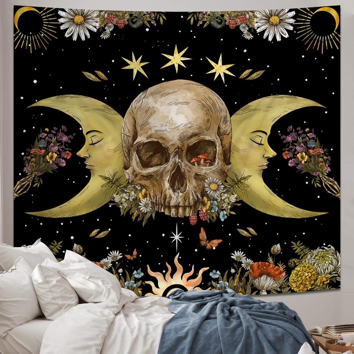 Atrippy Halloween Vintage Gothic Tapestry for Bedroom, Goth Skull Floral Wall Decor Tapestry, Sun and Moon Skeleton Flower Tapestries Aesthetic, Dark Room Decor Wall Hanging for Living Room Dorm 51x60 Inches