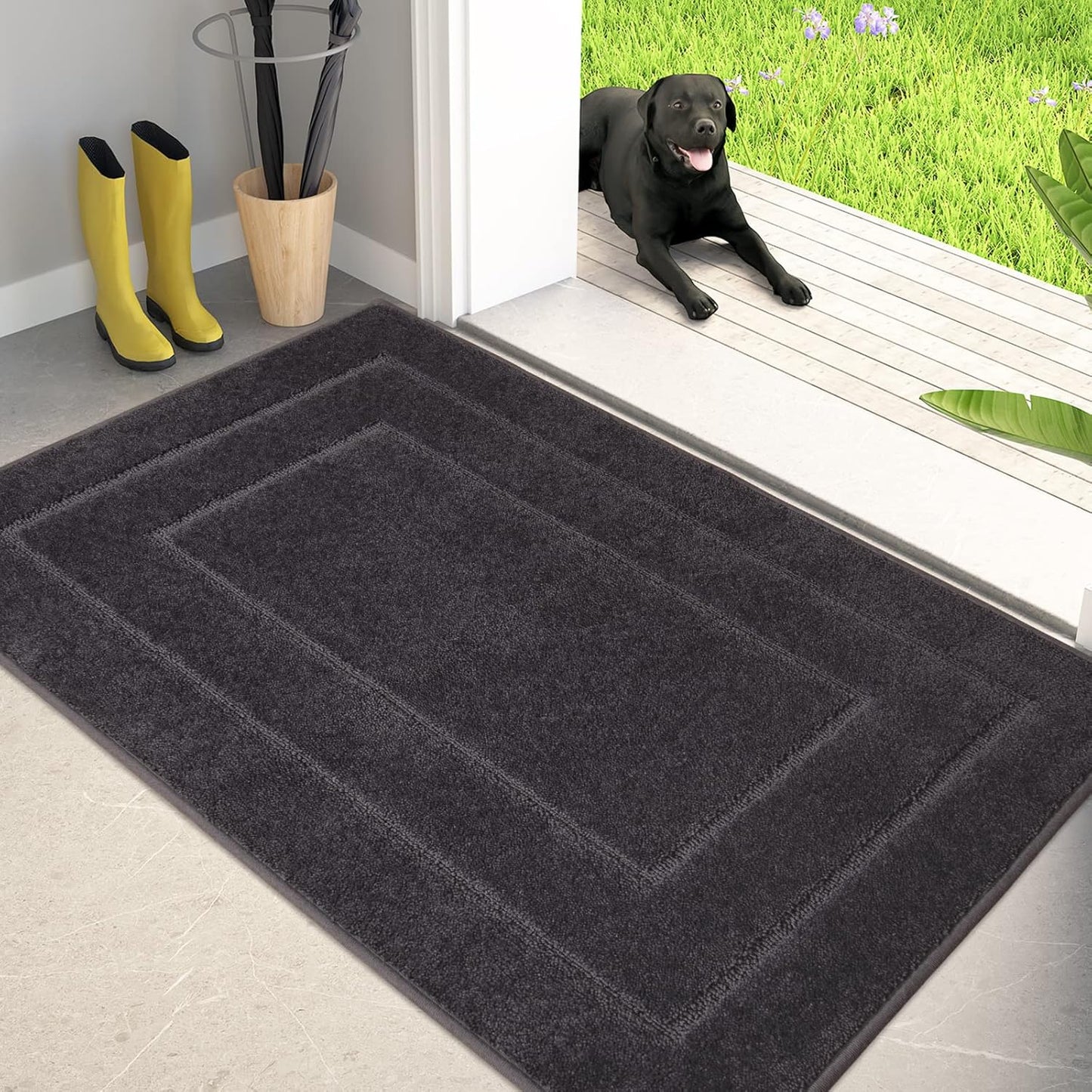 PURRUGS Dirt Trapping Door Mat 34" x 59", Non-Slip/Skid Machine Washable Entryway Area Rug, Dog Doormat, Super Absorbent Welcome Mat for Muddy Wet Shoes and Paws, Charcoal