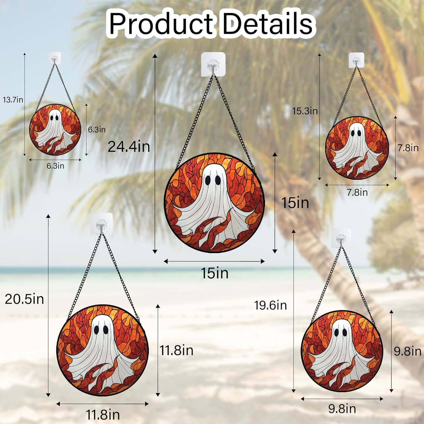 Stained Glass Window Hanging - Halloween Decorations White Ghost Orange Sky Suncatcher for Doors Garden Funny Spooky Sun Catchers Gothic Decor Horror Gifts for Women Men Friend Boy 6.3 in