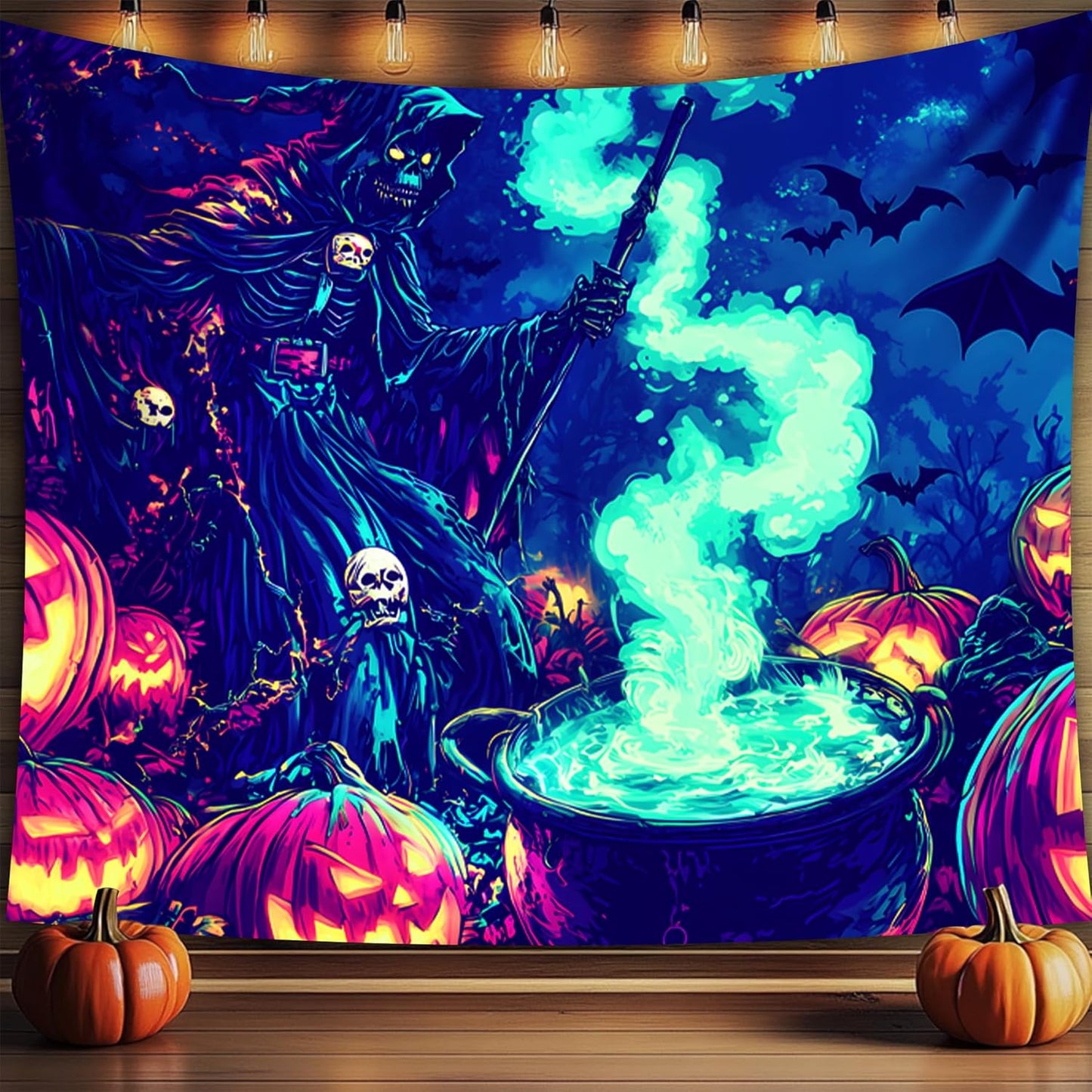 Halloween Tapestry, Blacklight Tapestry for Halloween Party Decor Hanging Tapestries Backdrop Wall Art Poster for Bedroom Dorm 79x59in