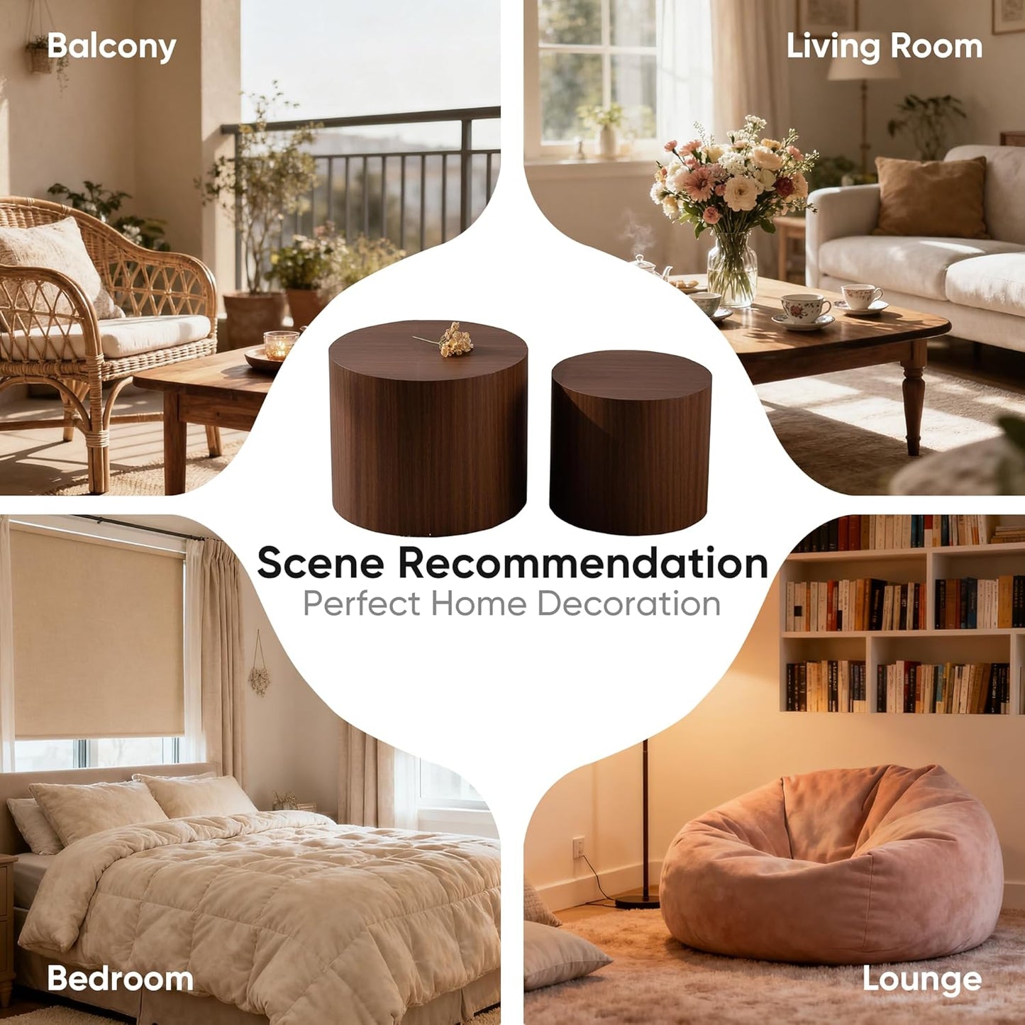 Nesting Round Coffee Table Set of 2, Small Circle Accent End Table for Small Spaces, Morden Drum Side Table, Wooden Center Table for Living Room, Fully Assembled - Dark Walnut